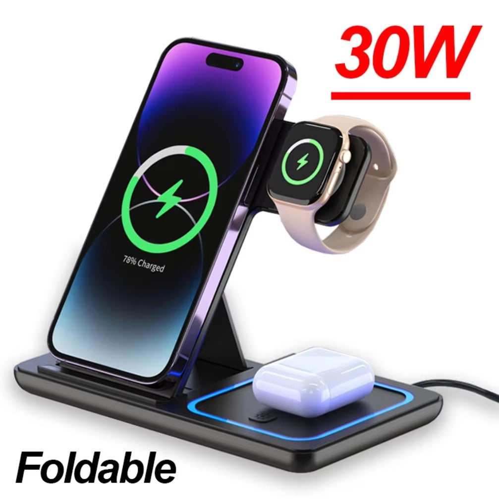 Minimalist iPhone 3-in-1 Foldable Wireless Charging Station, 15W Fast-Charge Stand for Phone, Watch & Earbuds with LED Light
