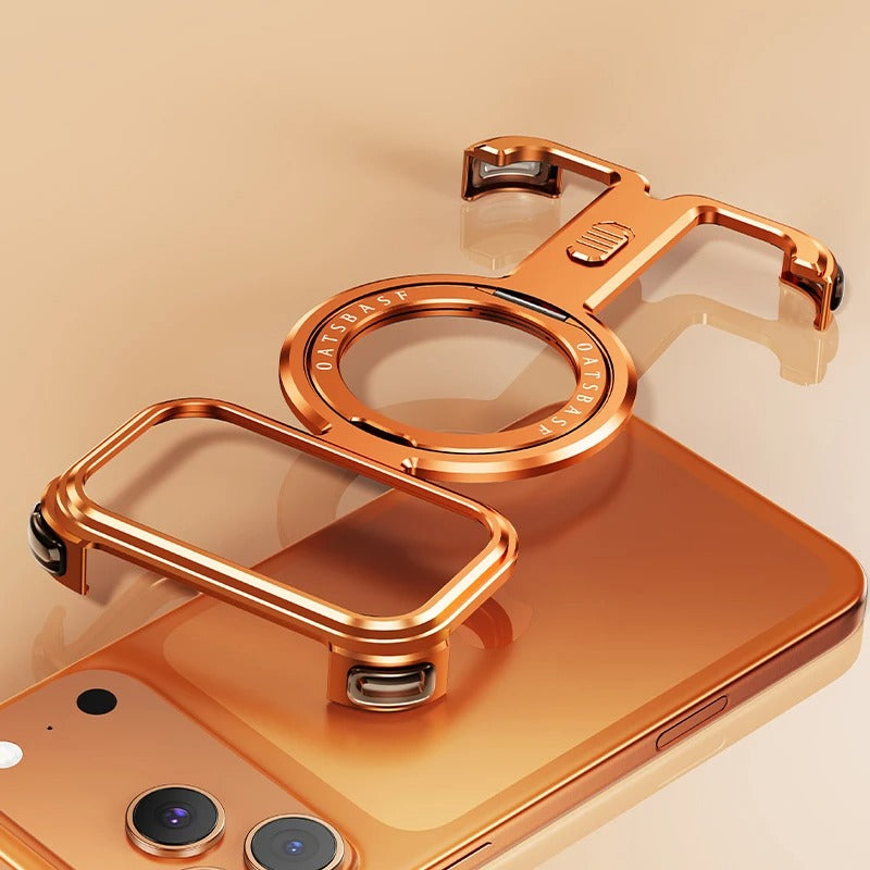 Minimalist iPhone Case — Aluminum Frameless MagSafe Cover with 360° Magnetic Stand and Slim Shockproof Metal Design