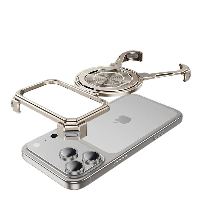 Minimalist iPhone Case — Aluminum Frameless MagSafe Cover with 360° Rotating Stand Ring and Shockproof Protective Design