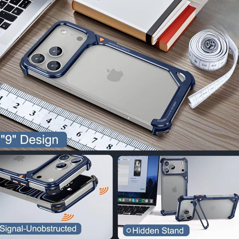 Minimalist iPhone Case — Aluminum Frame with Lens Holder, MagSafe Wireless-Charging Support, Slim Drop-Protection Metal Design