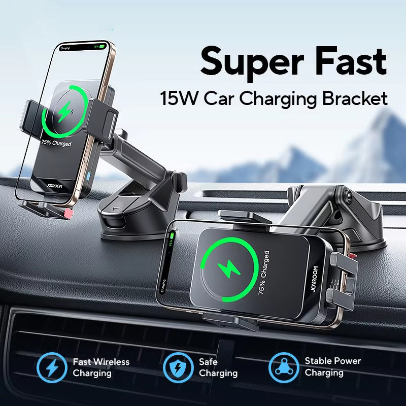 Premium 15W Car Phone Holder with Wireless Charging, Adjustable Rotatable Mount, Secure Air Vent & Dashboard Charging Stand