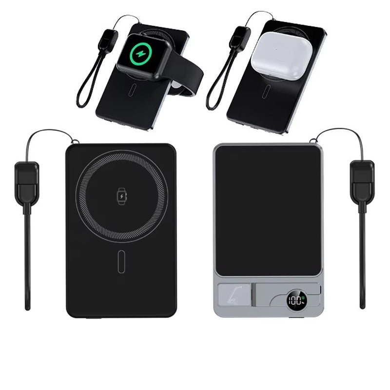 Premium 3-in-1 Magnetic Wireless Power Bank with Metal Stand, Fast Charging, Digital Display, Built-In Cables, Ultra-Thin Portable Battery Pack