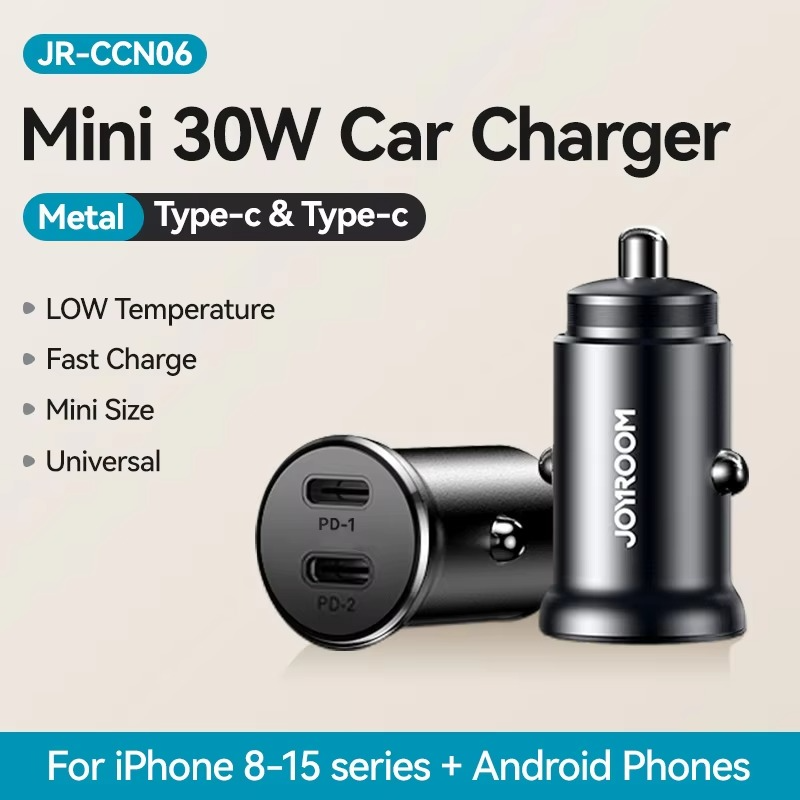 Premium 30W Fast Car Charger with Dual USB Type-C Ports, Mini Flush Fit Design, Full Metal Body, PD QC Rapid Charging, Smart Safety Protection for Cars & Vehicles