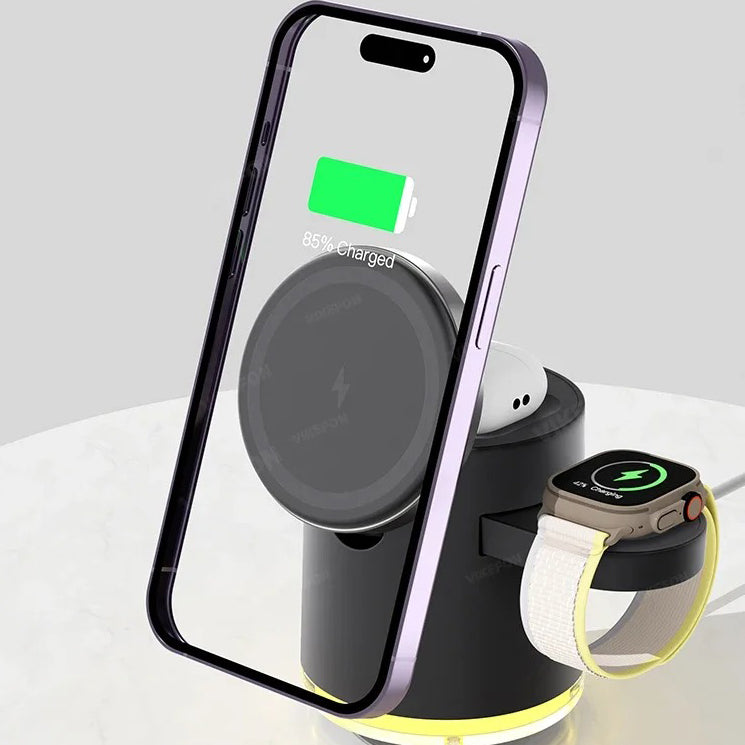Premium 4-in-1 Qi2 Wireless Charging Station with Magnetic Fast Charging, Foldable Dock Stand, Night Light, Multi-Device Charger for Phone, Watch & Earbuds