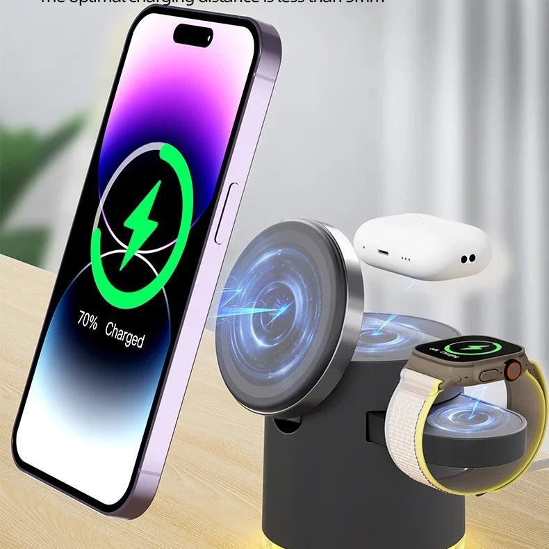 Premium 4-in-1 Qi2 Wireless Charging Station with Magnetic Fast Charging, Foldable Dock Stand, Night Light, Multi-Device Charger for Phone, Watch & Earbuds