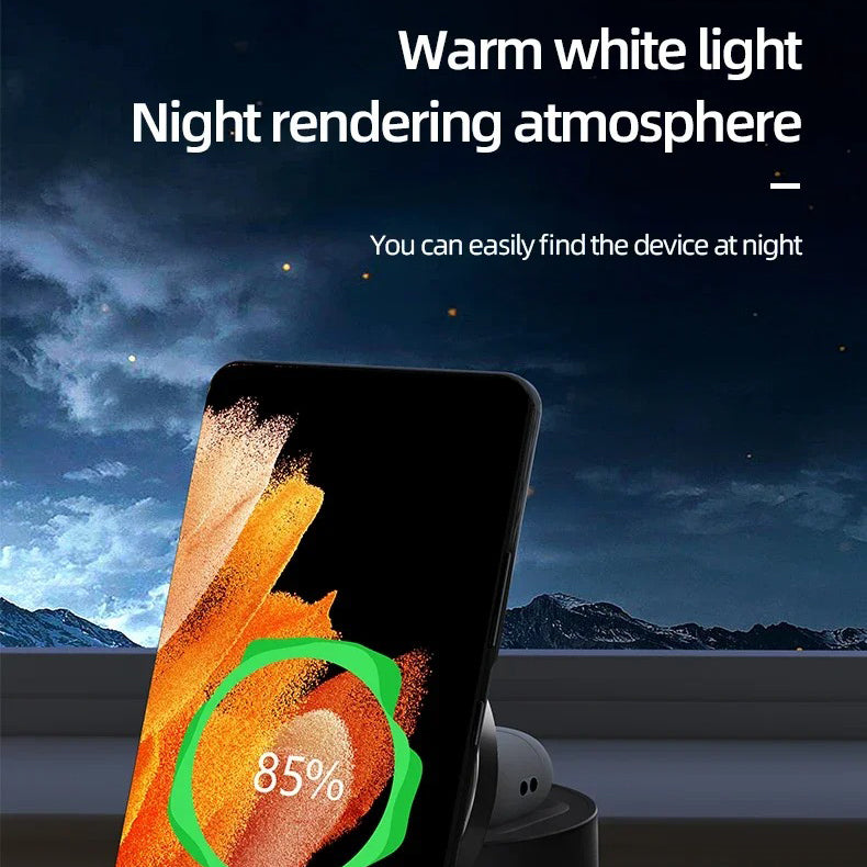 Premium 4-in-1 Qi2 Wireless Charging Station with Magnetic Fast Charging, Foldable Dock Stand, Night Light, Multi-Device Charger for Phone, Watch & Earbuds