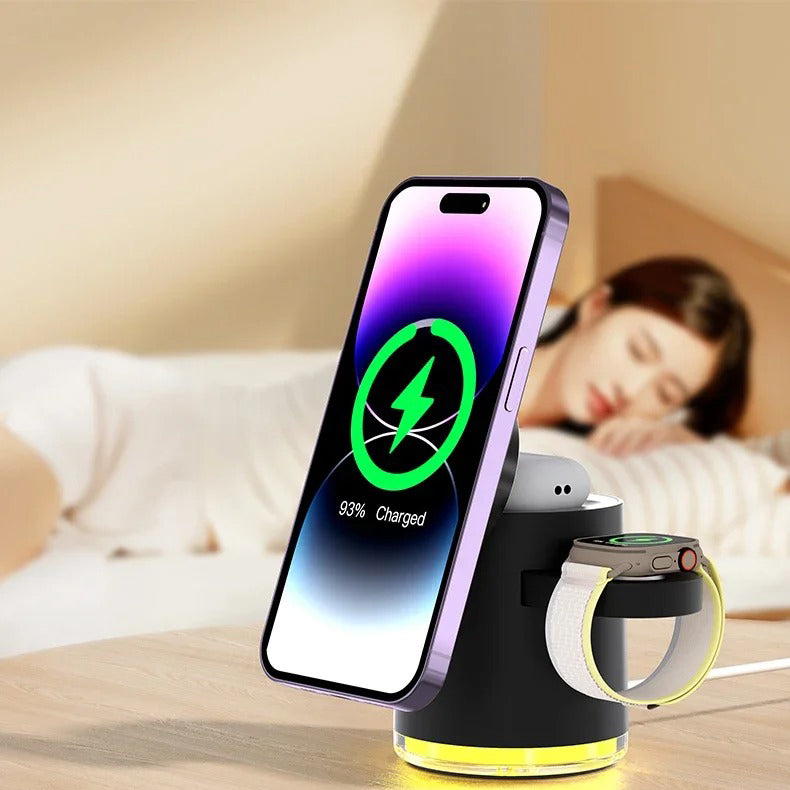 Premium 4-in-1 Qi2 Wireless Charging Station with Magnetic Fast Charging, Foldable Dock Stand, Night Light, Multi-Device Charger for Phone, Watch & Earbuds