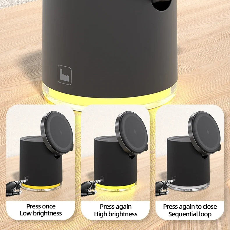 Premium 4-in-1 Qi2 Wireless Charging Station with Magnetic Fast Charging, Foldable Dock Stand, Night Light, Multi-Device Charger for Phone, Watch & Earbuds