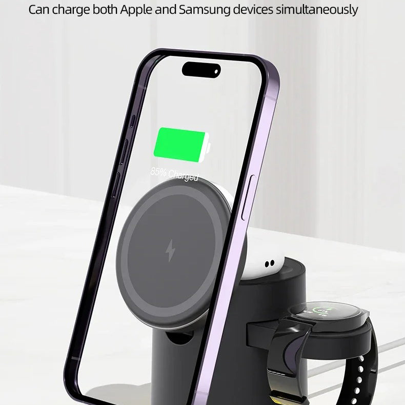 Premium 4-in-1 Qi2 Wireless Charging Station with Magnetic Fast Charging, Foldable Dock Stand, Night Light, Multi-Device Charger for Phone, Watch & Earbuds