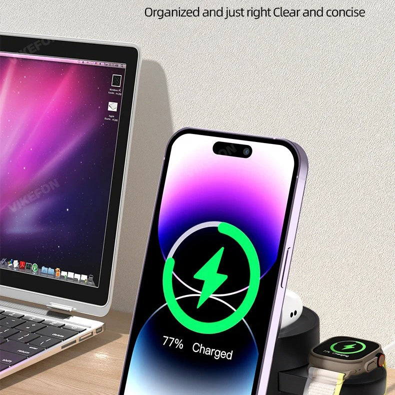 Premium 4-in-1 Qi2 Wireless Charging Station with Magnetic Fast Charging, Foldable Dock Stand, Night Light, Multi-Device Charger for Phone, Watch & Earbuds