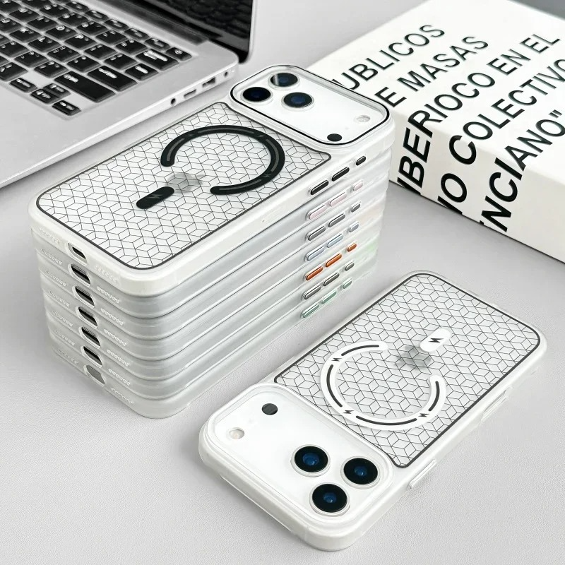 Luxury MagSafe Shockproof iPhone Case — High-Tech Geometric Hard PC Back, Anti-Fingerprint Matte Grip, Wireless Charging Compatible
