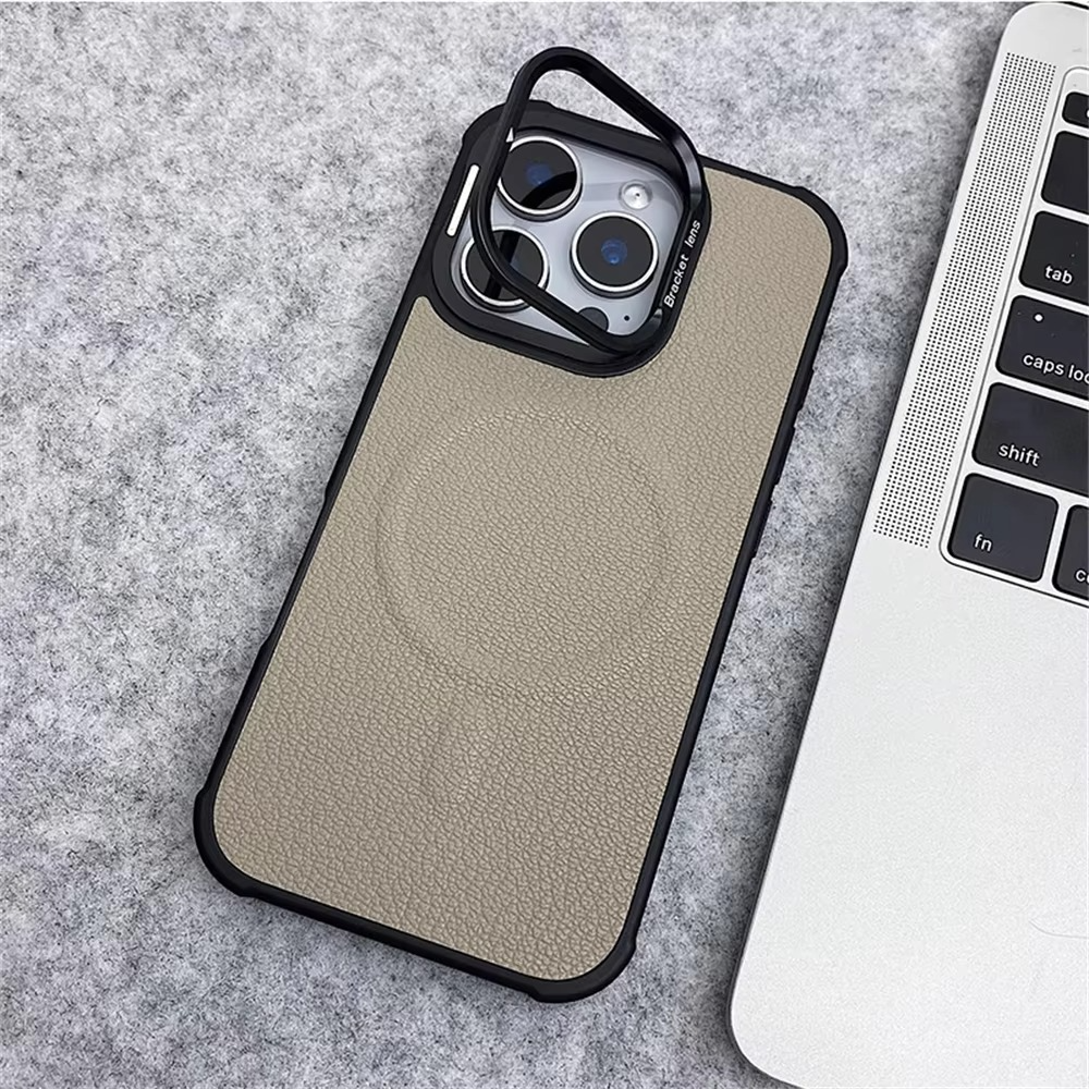 Premium MagSafe Magnetic iPhone Case — Metal Lens Kickstand, Leather Texture Grip, Shockproof Anti-Fingerprint Matte Protective Cover