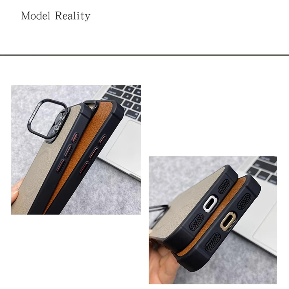 Premium MagSafe Magnetic iPhone Case — Metal Lens Kickstand, Leather Texture Grip, Shockproof Anti-Fingerprint Matte Protective Cover