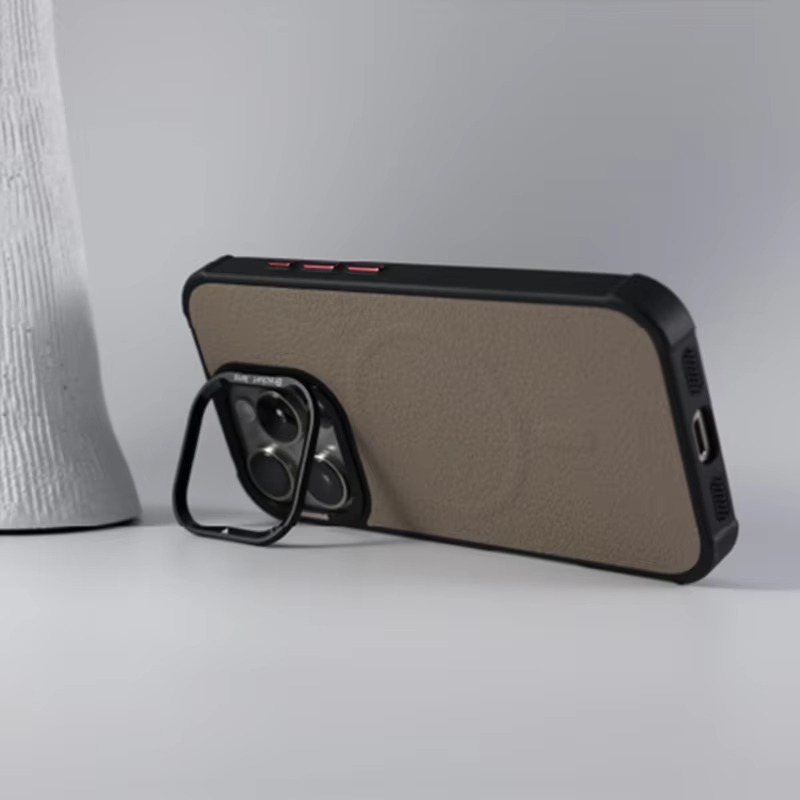 Premium MagSafe Magnetic iPhone Case — Metal Lens Kickstand, Leather Texture Grip, Shockproof Anti-Fingerprint Matte Protective Cover
