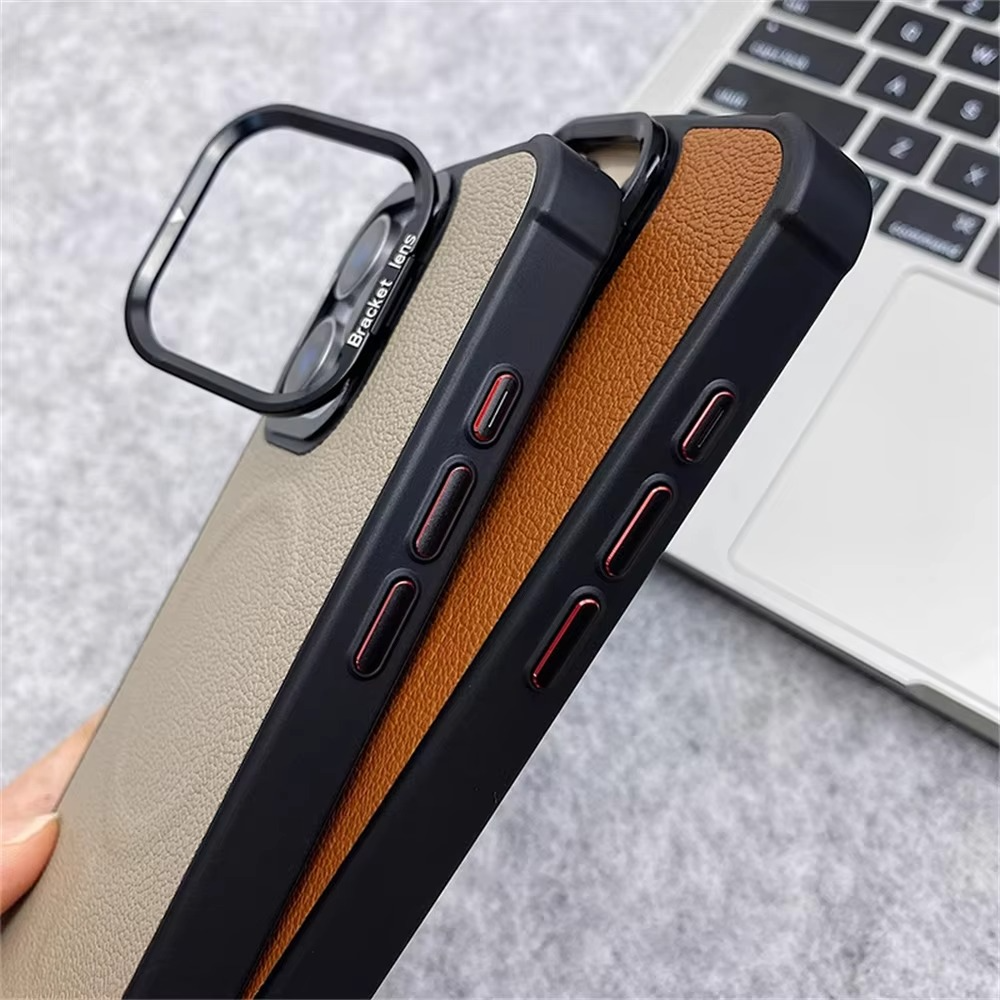 Premium MagSafe Magnetic iPhone Case — Metal Lens Kickstand, Leather Texture Grip, Shockproof Anti-Fingerprint Matte Protective Cover