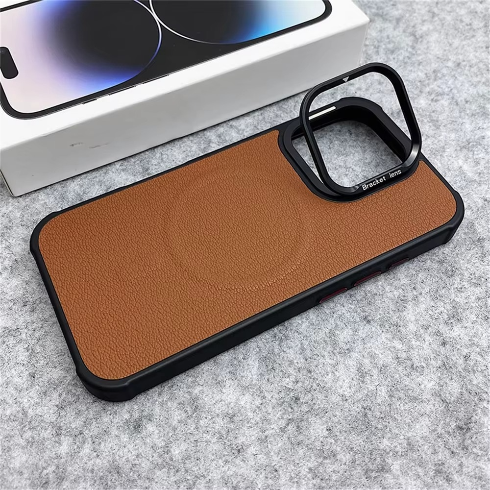 Premium MagSafe Magnetic iPhone Case — Metal Lens Kickstand, Leather Texture Grip, Shockproof Anti-Fingerprint Matte Protective Cover