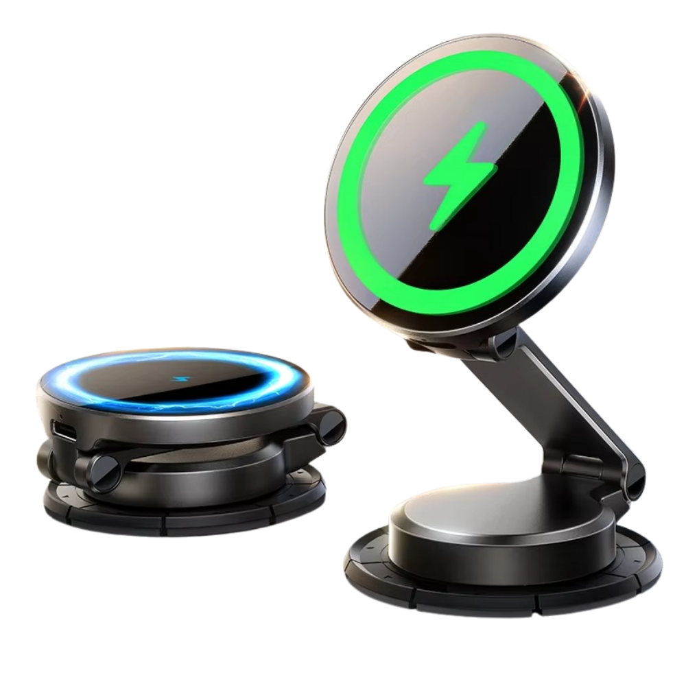 Premium Magnetic Wireless Car Charger Mount with 15W Fast Charging, Strong Magnet Hold, 360° Rotation, Foldable Design, Hands-Free Dashboard & Vent Phone Holder