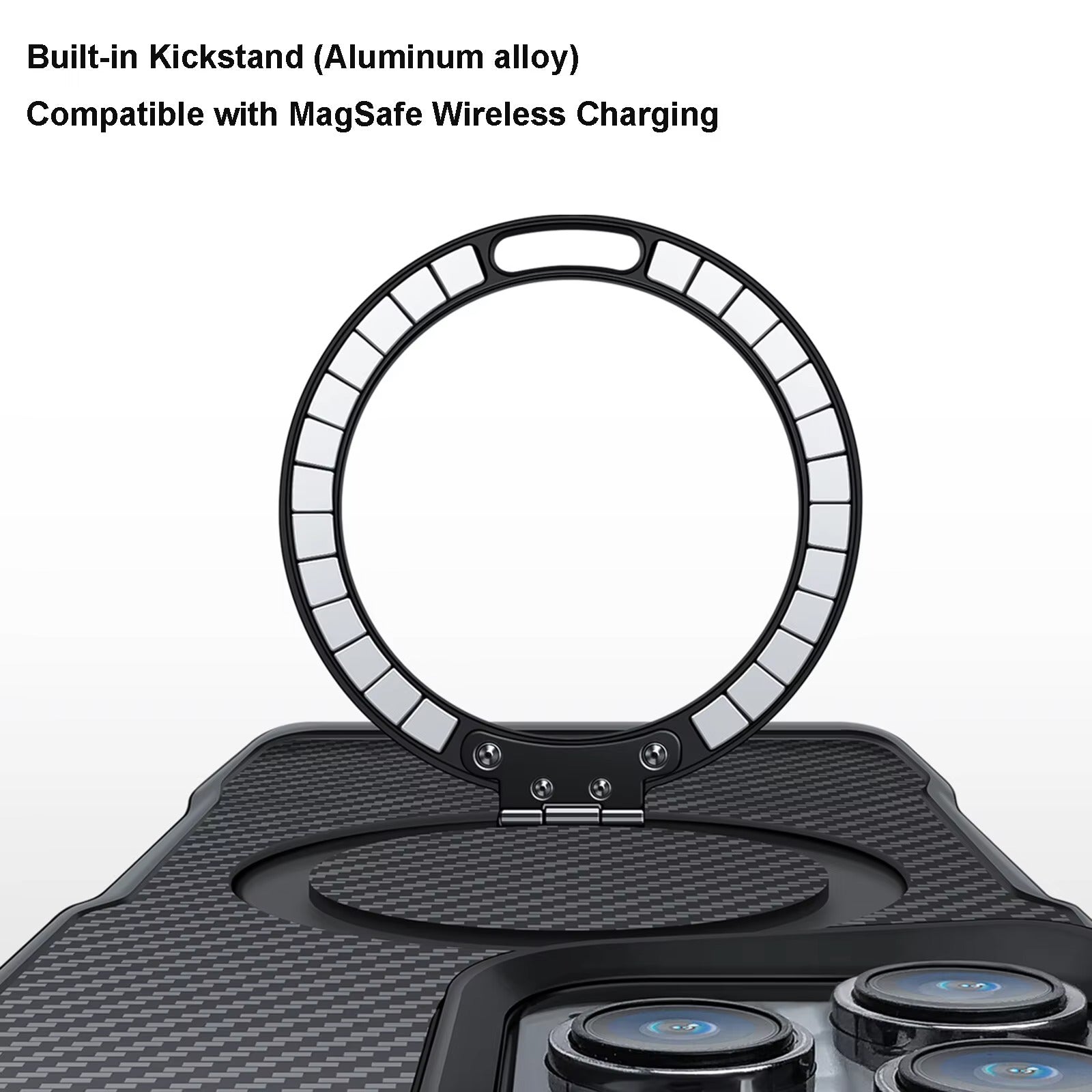 Premium iPhone Case — MagSafe Magnetic Armor Cover with Desert Titanium Metal Frame, Carbon Fiber Texture, Anti-Scratch Holder and Wireless-Charging Support