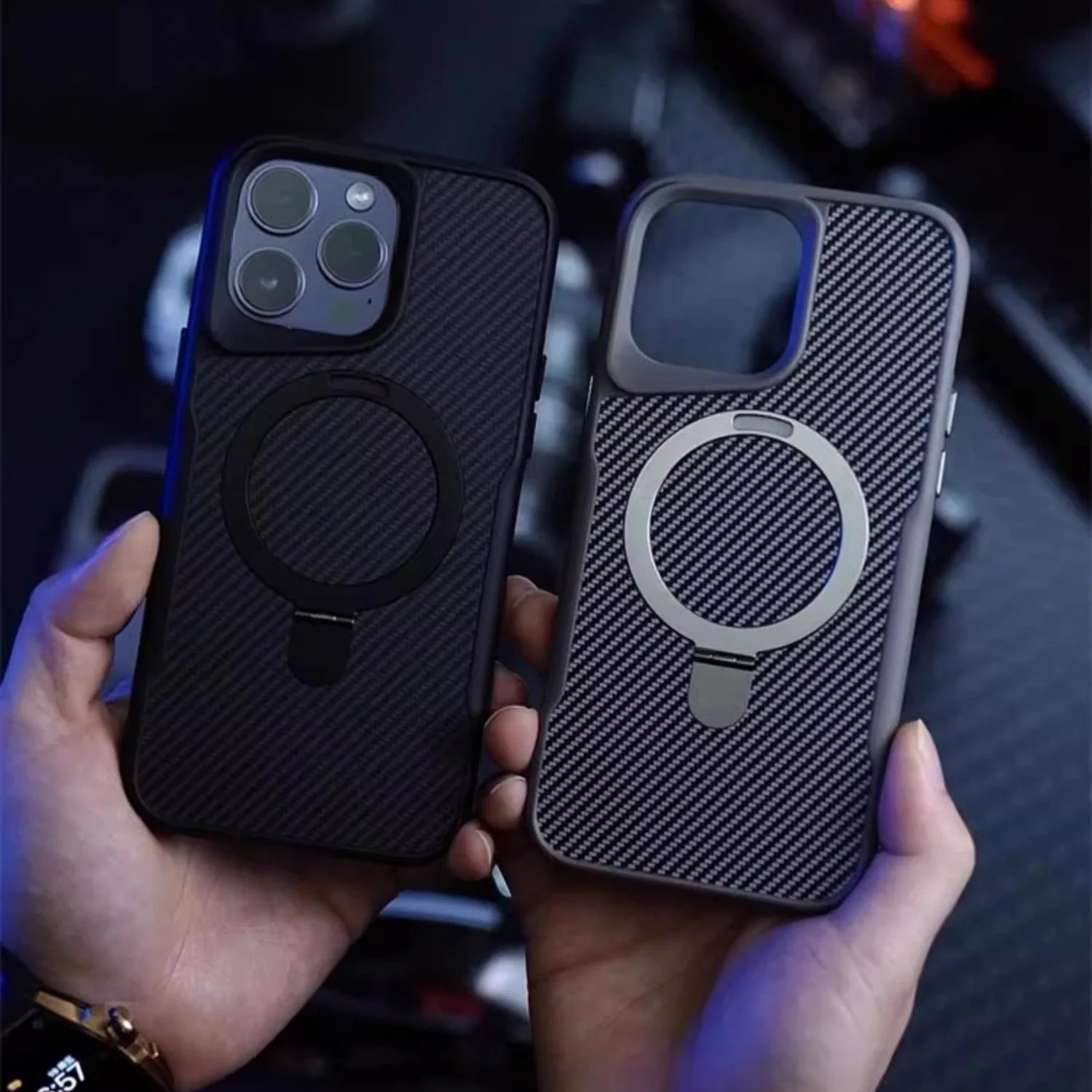 Premium iPhone Case — MagSafe Magnetic Armor Cover with Desert Titanium Metal Frame, Carbon Fiber Texture, Anti-Scratch Holder and Wireless-Charging Support