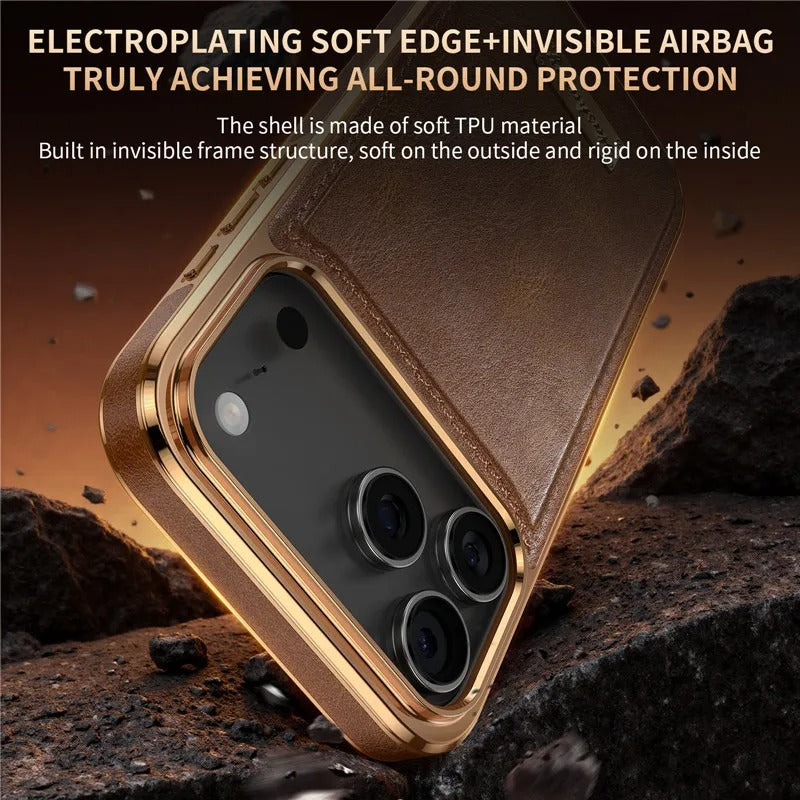 Premium Magnetic iPhone Case with Retro Oil-Wax Leather — Strong Metal Button Grip, Shockproof Full-Coverage Plating, Anti-Fingerprint & Scratch-Resistant Design