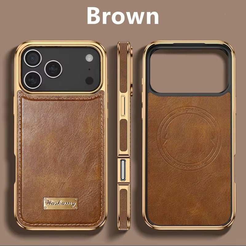 Premium Magnetic iPhone Case with Retro Oil-Wax Leather — Strong Metal Button Grip, Shockproof Full-Coverage Plating, Anti-Fingerprint & Scratch-Resistant Design