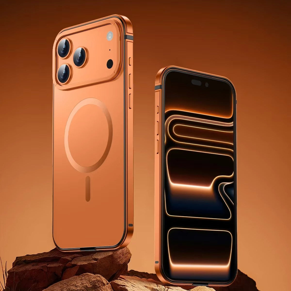 Premium iPhone Case — Orange Aluminum Alloy MagSafe Compatible Hard Shockproof Matte Cover with Magnetic Glass Protection, Anti-Scratch, Lightweight Design