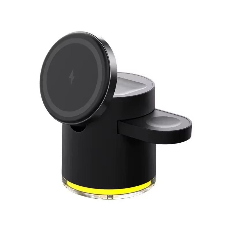Premium Qi2 Wireless Charging Station, 15W Magnetic Fast-Charge Dock for Phone, Watch & Earbuds with Foldable Stand and Night Light