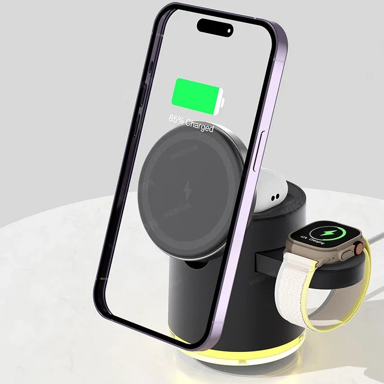 Premium Qi2 Wireless Charging Station, 15W Magnetic Fast-Charge Dock for Phone, Watch & Earbuds with Foldable Stand and Night Light