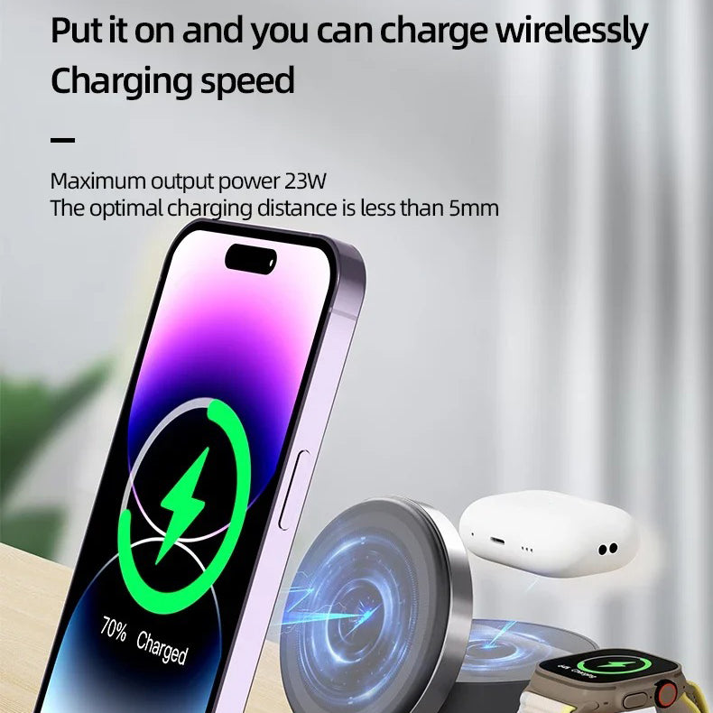 Premium Qi2 Wireless Charging Station, 15W Magnetic Fast-Charge Dock for Phone, Watch & Earbuds with Foldable Stand and Night Light