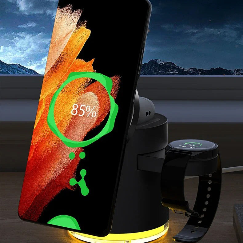 Premium Qi2 Wireless Charging Station, 15W Magnetic Fast-Charge Dock for Phone, Watch & Earbuds with Foldable Stand and Night Light