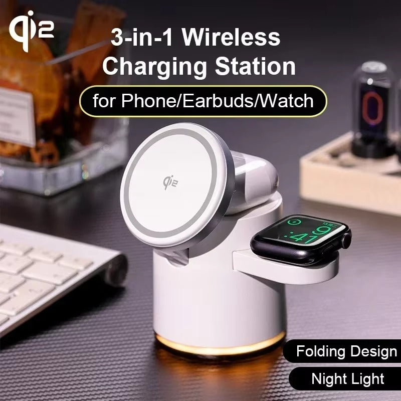 Premium Qi2 Wireless Charging Station, 15W Magnetic Fast-Charge Dock for Phone, Watch & Earbuds with Foldable Stand and Night Light