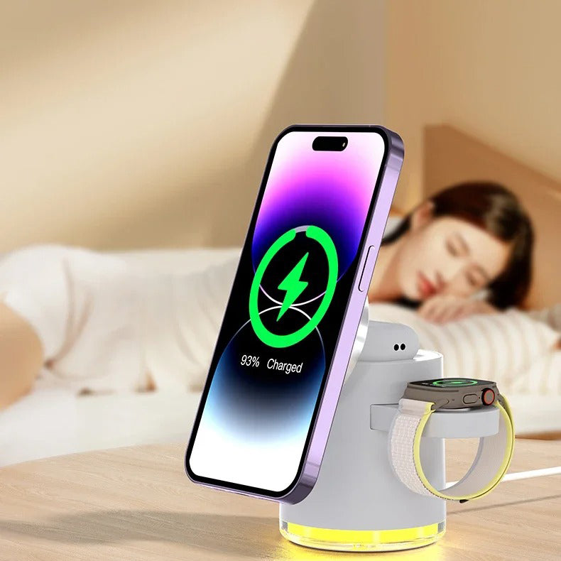 Premium Qi2 Wireless Charging Station, 15W Magnetic Fast-Charge Dock for Phone, Watch & Earbuds with Foldable Stand and Night Light