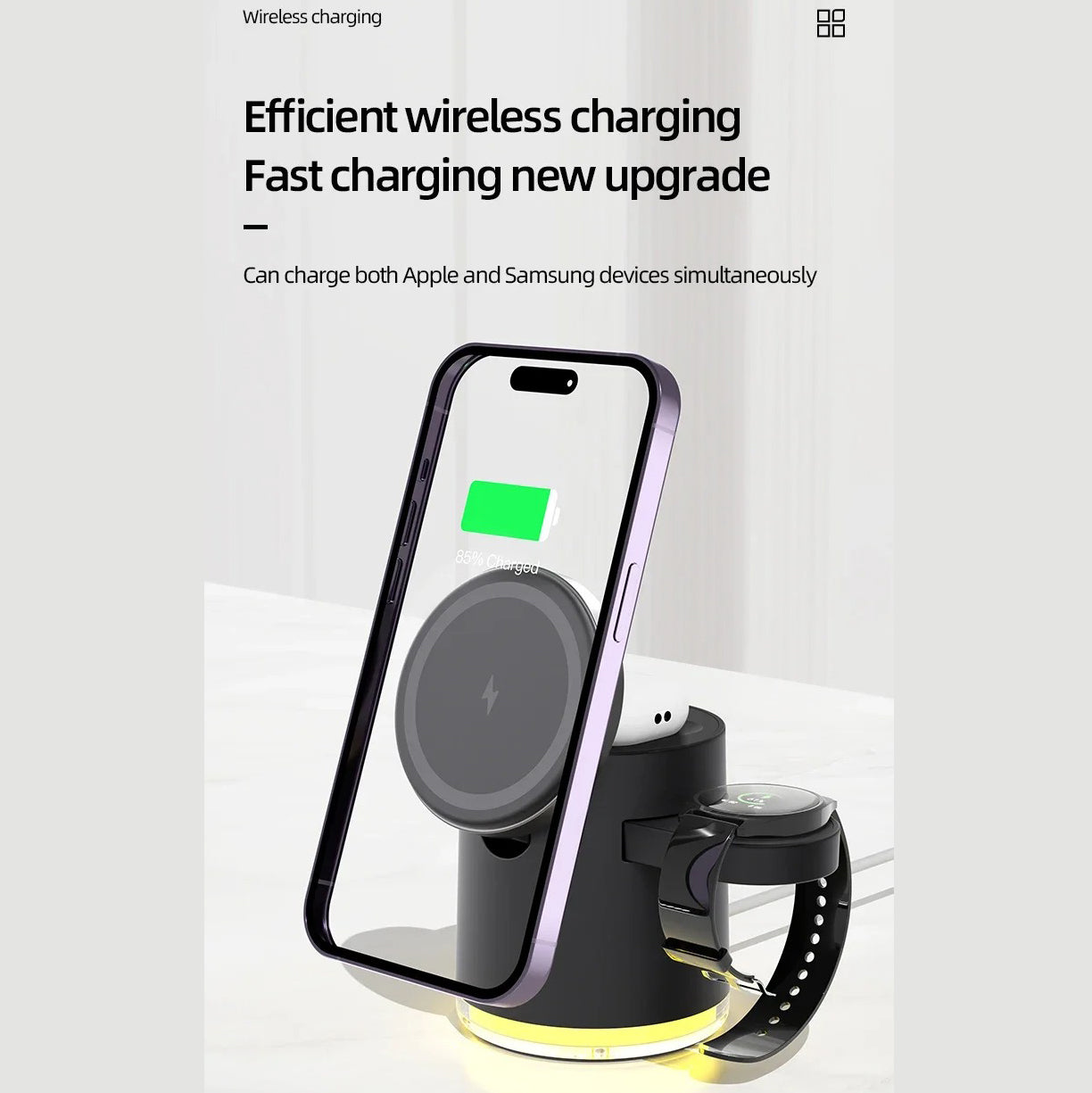 Premium Qi2 Wireless Charging Station, 15W Magnetic Fast-Charge Dock for Phone, Watch & Earbuds with Foldable Stand and Night Light