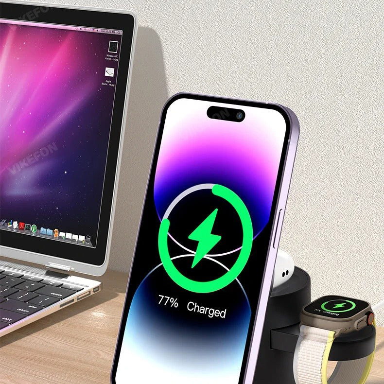 Premium Qi2 Wireless Charging Station, 15W Magnetic Fast-Charge Dock for Phone, Watch & Earbuds with Foldable Stand and Night Light