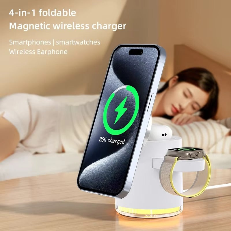 Premium Qi2 Wireless Charging Station, 15W Magnetic Fast-Charge Dock for Phone, Watch & Earbuds with Foldable Stand and Night Light