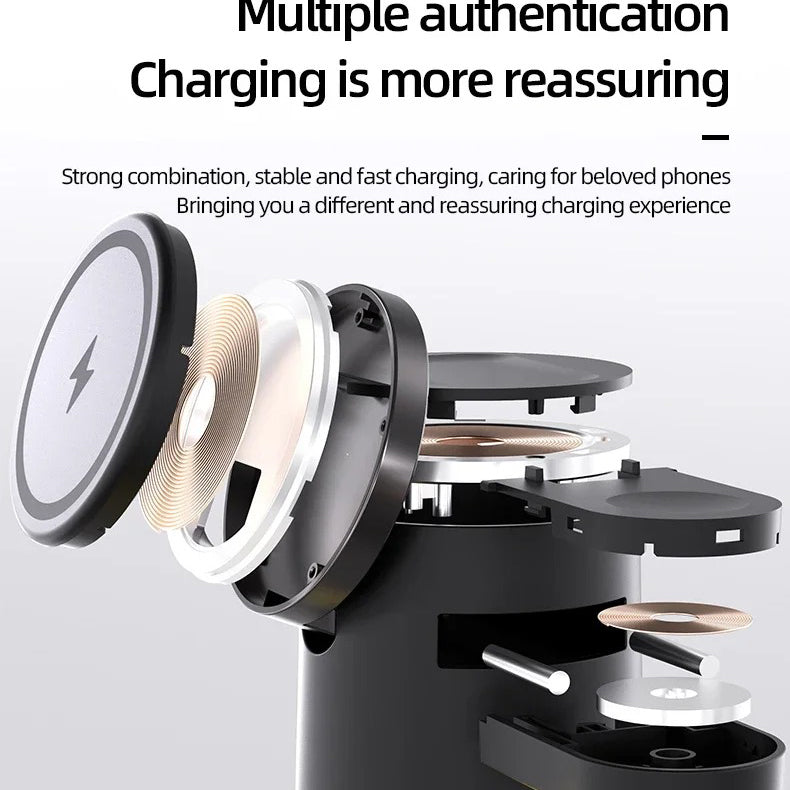 Premium Qi2 Wireless Charging Station, 15W Magnetic Fast-Charge Dock for Phone, Watch & Earbuds with Foldable Stand and Night Light