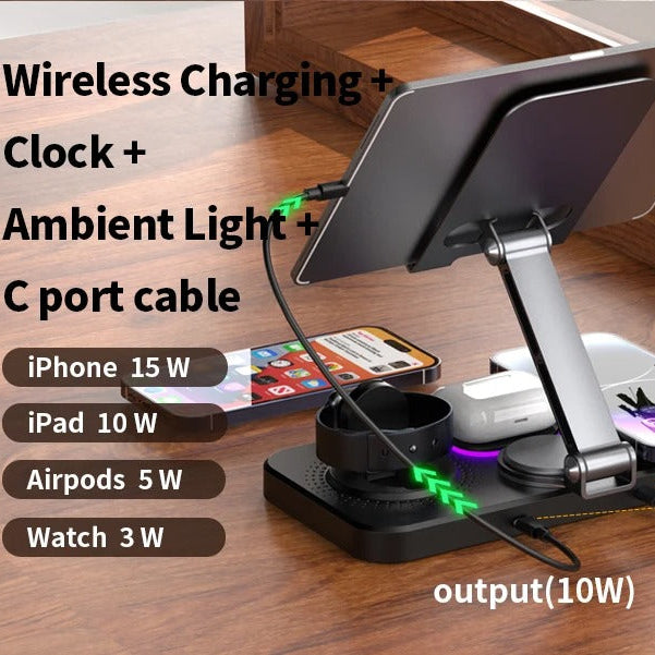 Premium iPhone 4-in-1 Foldable Wireless Charging Station, 15W Magnetic Fast-Charge Stand for Phone, Watch & Earbuds with LED Indicator