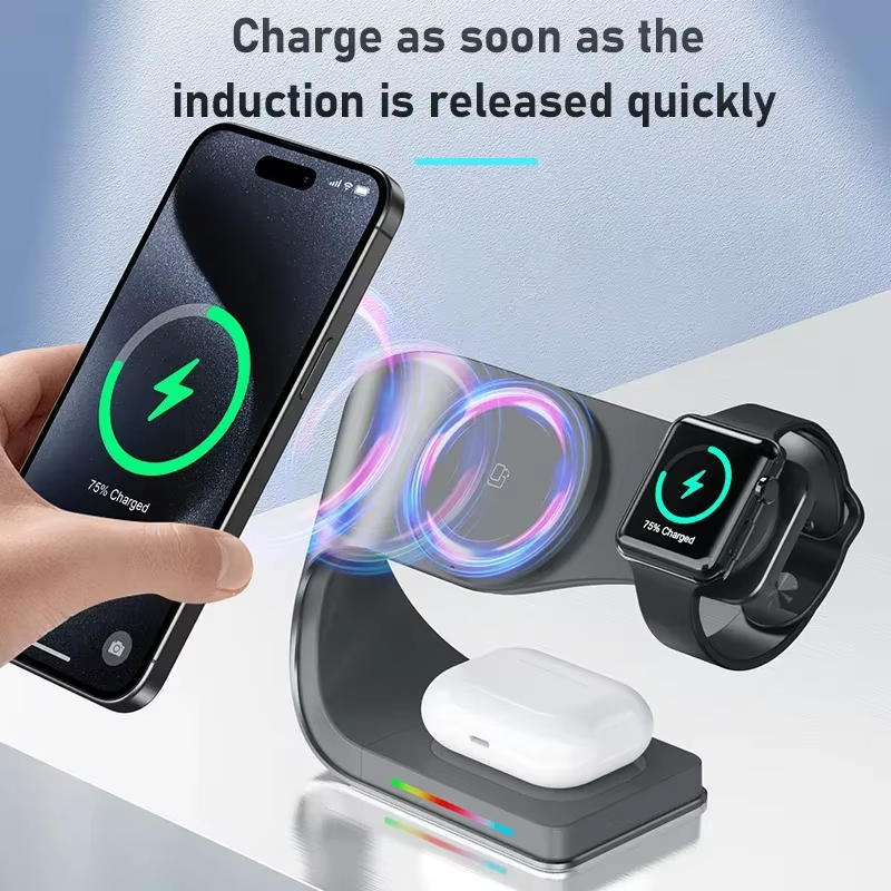 Premium iPhone 4-in-1 Magnetic Wireless Charging Station, 15W Fast-Charge Metal Stand for Phone, Watch & Earbuds with LED Indicator