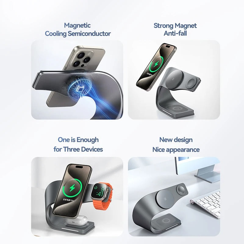 Premium iPhone 4-in-1 Magnetic Wireless Charging Station, 15W Fast-Charge Metal Stand for Phone, Watch & Earbuds with LED Indicator