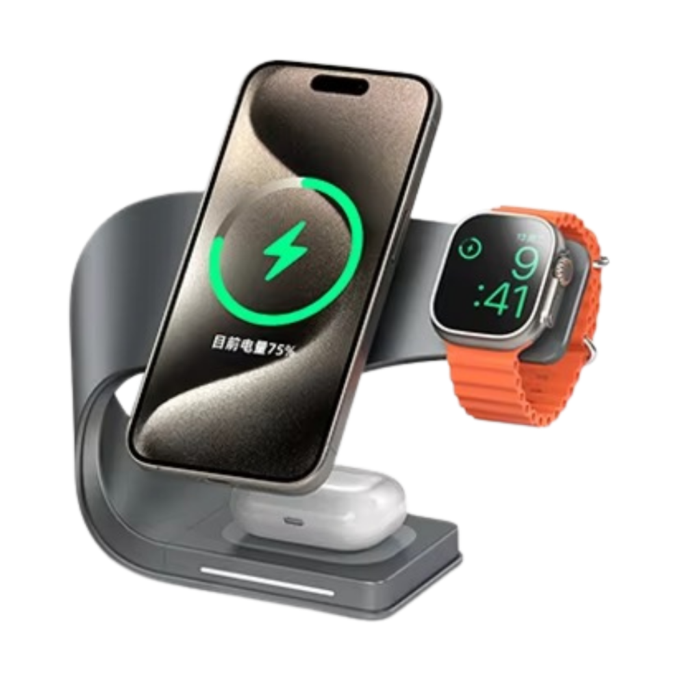 Premium iPhone 4-in-1 Magnetic Wireless Charging Station, 15W Fast-Charge Metal Stand for Phone, Watch & Earbuds with LED Indicator