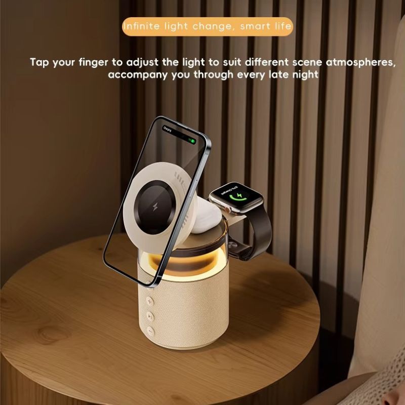 Premium iPhone 5-in-1 Magnetic Wireless Charging Station, 15W Fast-Charge Stand with Bluetooth Speaker, Night Light & Multi-Device Support