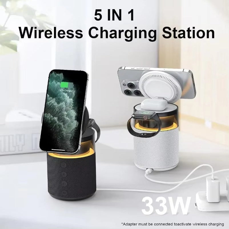 Premium iPhone 5-in-1 Magnetic Wireless Charging Station, 15W Fast-Charge Stand with Bluetooth Speaker, Night Light & Multi-Device Support