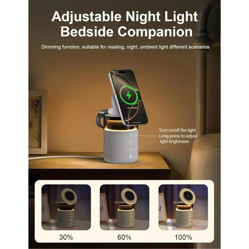 Premium iPhone 5-in-1 Magnetic Wireless Charging Station, 15W Fast-Charge Stand with Bluetooth Speaker, Night Light & Multi-Device Support