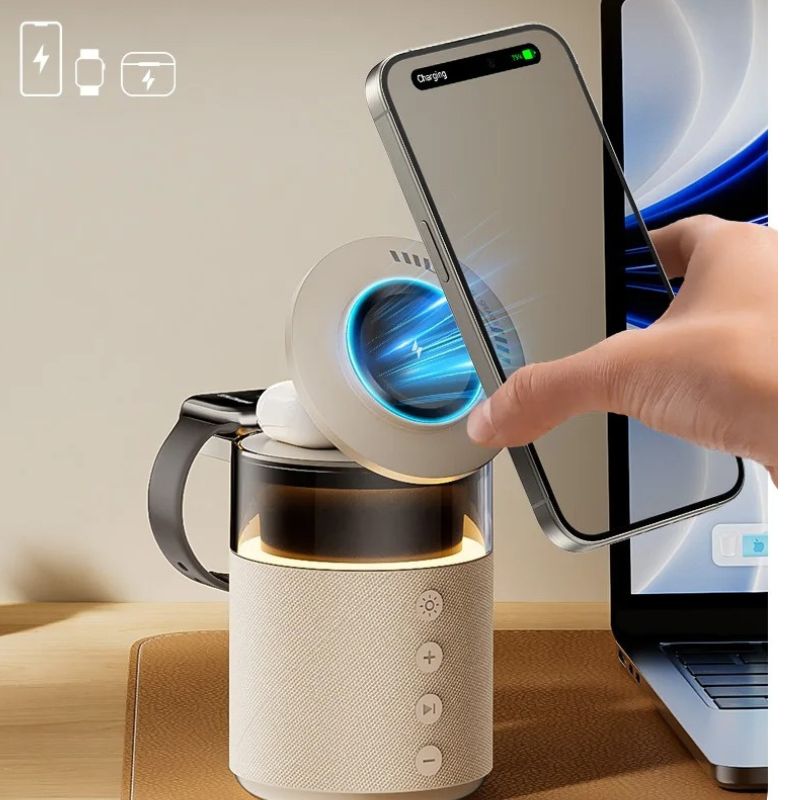 Premium iPhone 5-in-1 Magnetic Wireless Charging Station, 15W Fast-Charge Stand with Bluetooth Speaker, Night Light & Multi-Device Support