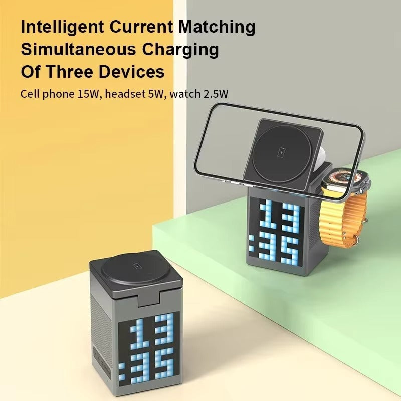 Premium iPhone 6-in-1 Magnetic Wireless Charging Station, 15W Fast-Charge Stand with Bluetooth Speaker, Alarm Clock & Multi-Device Support