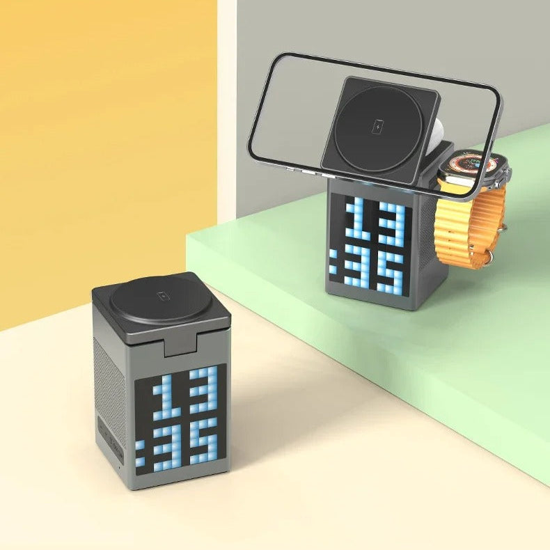 Premium iPhone 6-in-1 Magnetic Wireless Charging Station, 15W Fast-Charge Stand with Bluetooth Speaker, Alarm Clock & Multi-Device Support