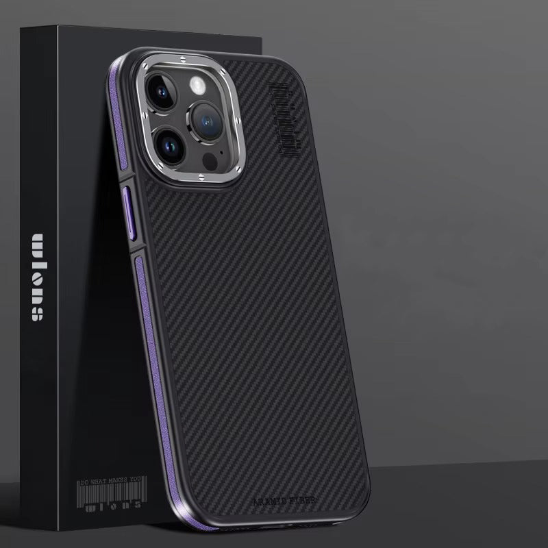 Premium iPhone Case — 600D Kevlar Series Magnetic Cover with Metal Camera Ring, Half-Wrapped Dual-Layer Carbon Fiber Protection & Anti-Fingerprint Design