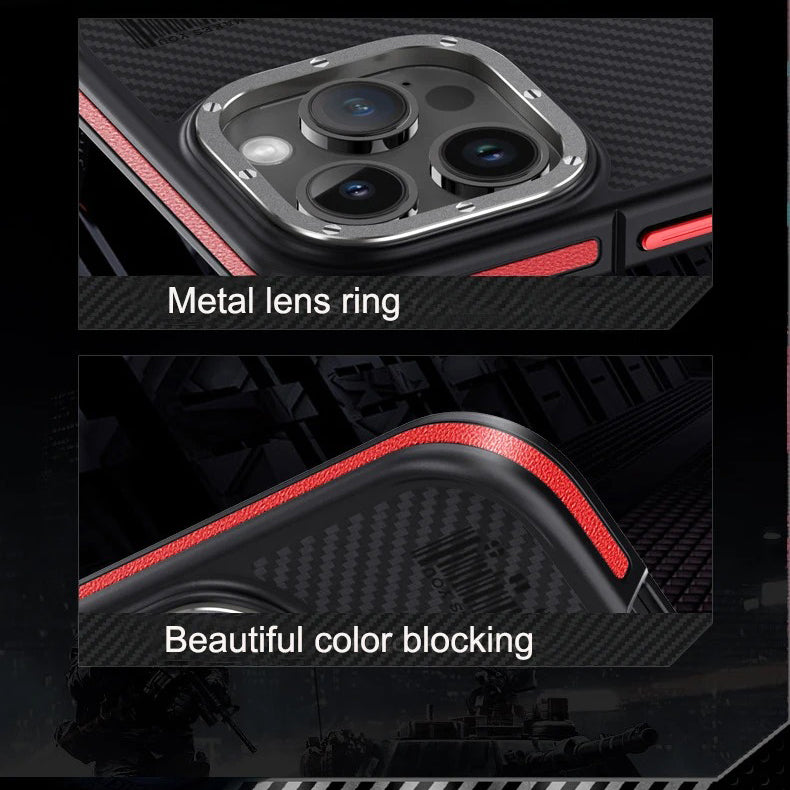 Premium iPhone Case — 600D Kevlar Series Magnetic Cover with Metal Camera Ring, Half-Wrapped Dual-Layer Carbon Fiber Protection & Anti-Fingerprint Design
