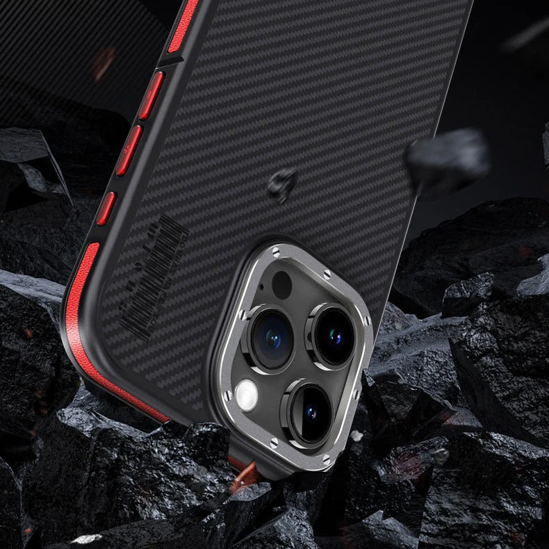 Premium iPhone Case — 600D Kevlar Series Magnetic Cover with Metal Camera Ring, Half-Wrapped Dual-Layer Carbon Fiber Protection & Anti-Fingerprint Design