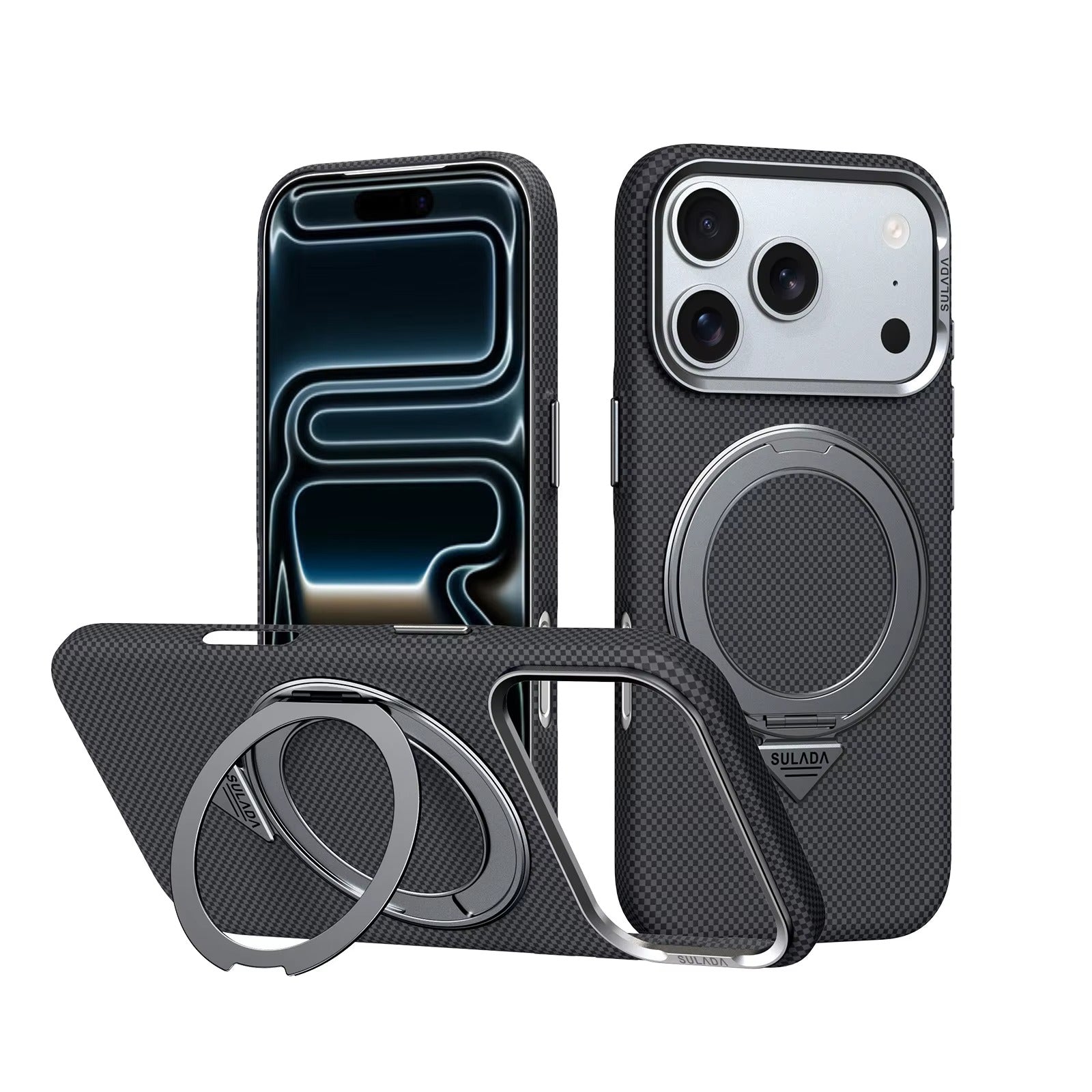 Premium iPhone Case — Kevlar Checkered Magnetic Stand Cover with Carbon Fiber Pattern, MagSafe PC Hard Shell & Raised Scratch-Resistant Lens Protection